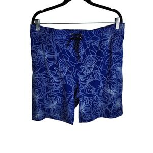 Coolibar Board Shorts Mens Large‎ Cobalt Maui Floral Print UPF50 Lined Hawaiian